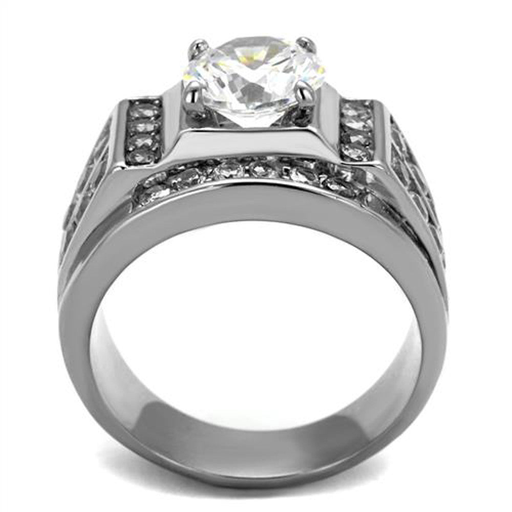 ARTK2305 Stainless Steel Silver Men's 4.03 Ct Round Cut Simulated Diamond Ring Sizes 8-13